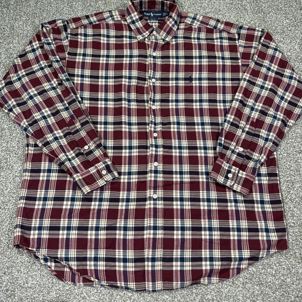 Polo Ralph Lauren Blaire Oxford Shirt 100% Cotton Maroon Plaid Excellent Size LT